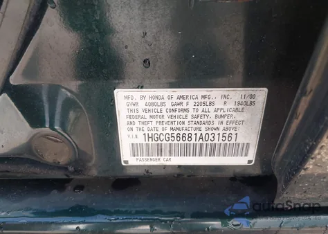 2001 Honda Accord 2.3 Ex from USA, damaged, VIN 1HGCG56681A031561